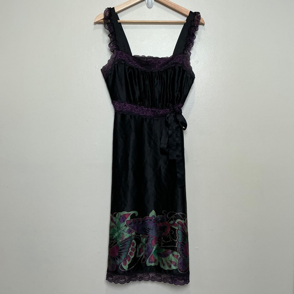 VTG Betsey Johnson 100% Silk Butterfly Dress Sz 6 Black Lace Trim Y2K Fairycore - Picture 2 of 8